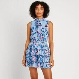 Everlily Womens Blue Floral Gold Metallic Dot Tiered Ruffle Mini Dress Large